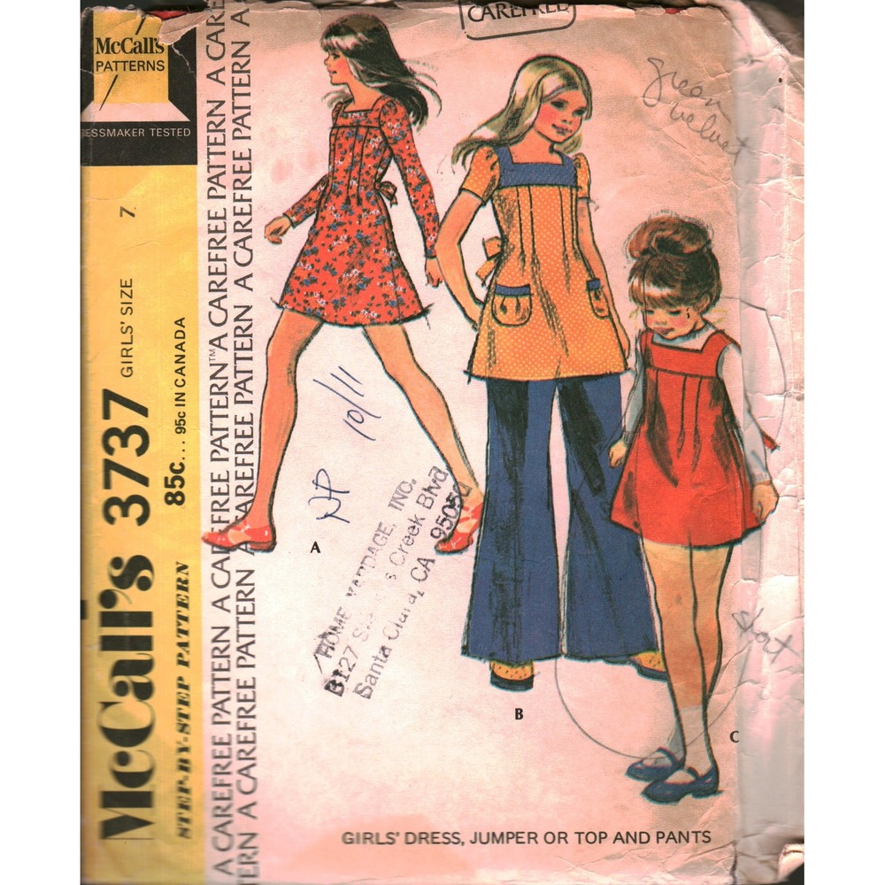 Vintage 1973 McCall's 3737 Girls Dress Jumper Top Pants Sewing Pattern Size 7